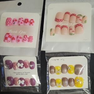 Designer Press-On Nails Set - Pink, Red, Yellow, and Brown
